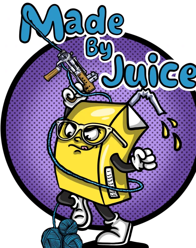 The original Made By Juice mascot: a yellow juice carton in glasses holding a tuft gun, with balls of blue yarn