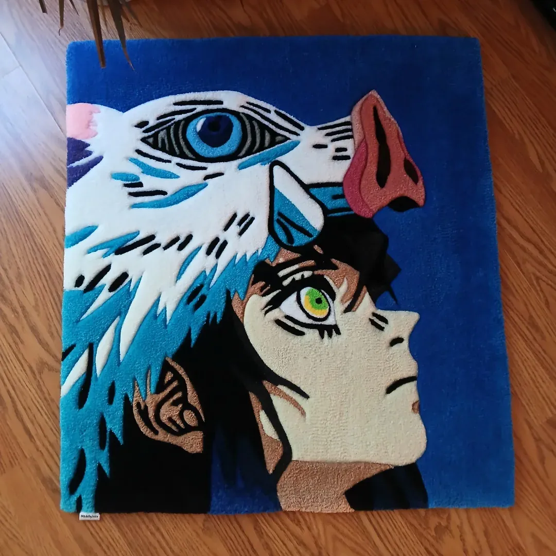 Rug of Inosuke from Demon Slayer in a boar mask, blue background