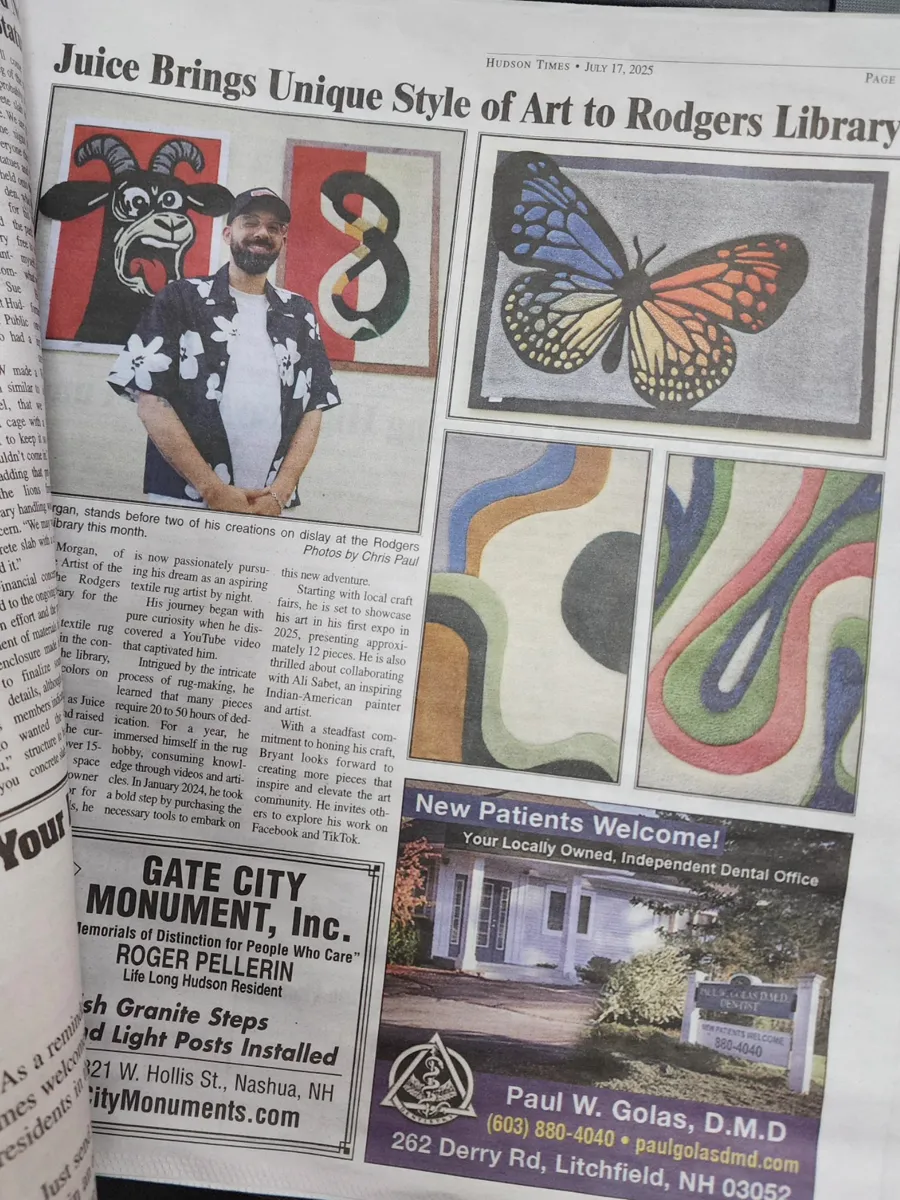 Hudson Times article headlined Juice Brings Unique Style of Art to Rodgers Library, with photos of his rugs